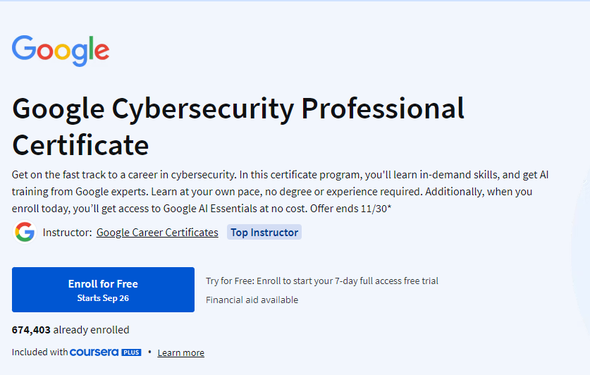 google cybersecurity certification home page